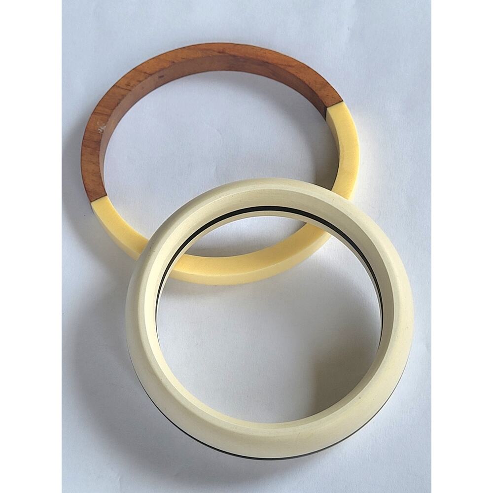 Wood Bangle Duo Lucite Black White Lot of 2 Bracelets